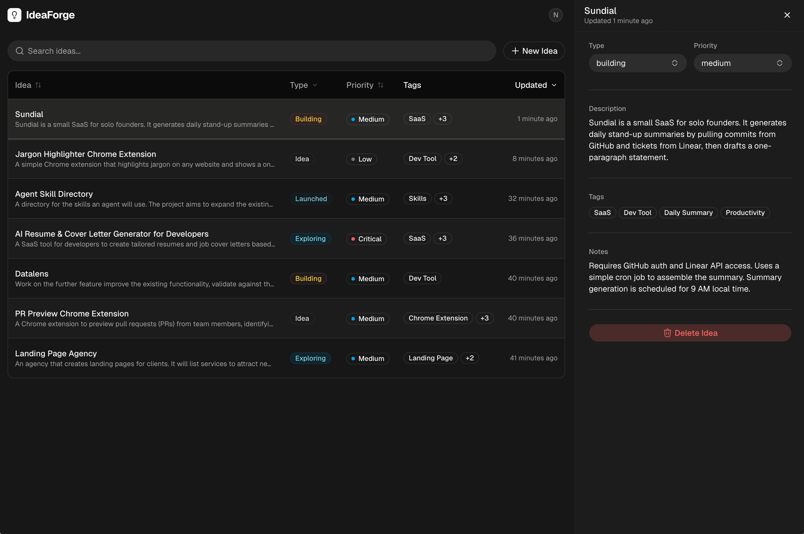 IdeaForge dashboard